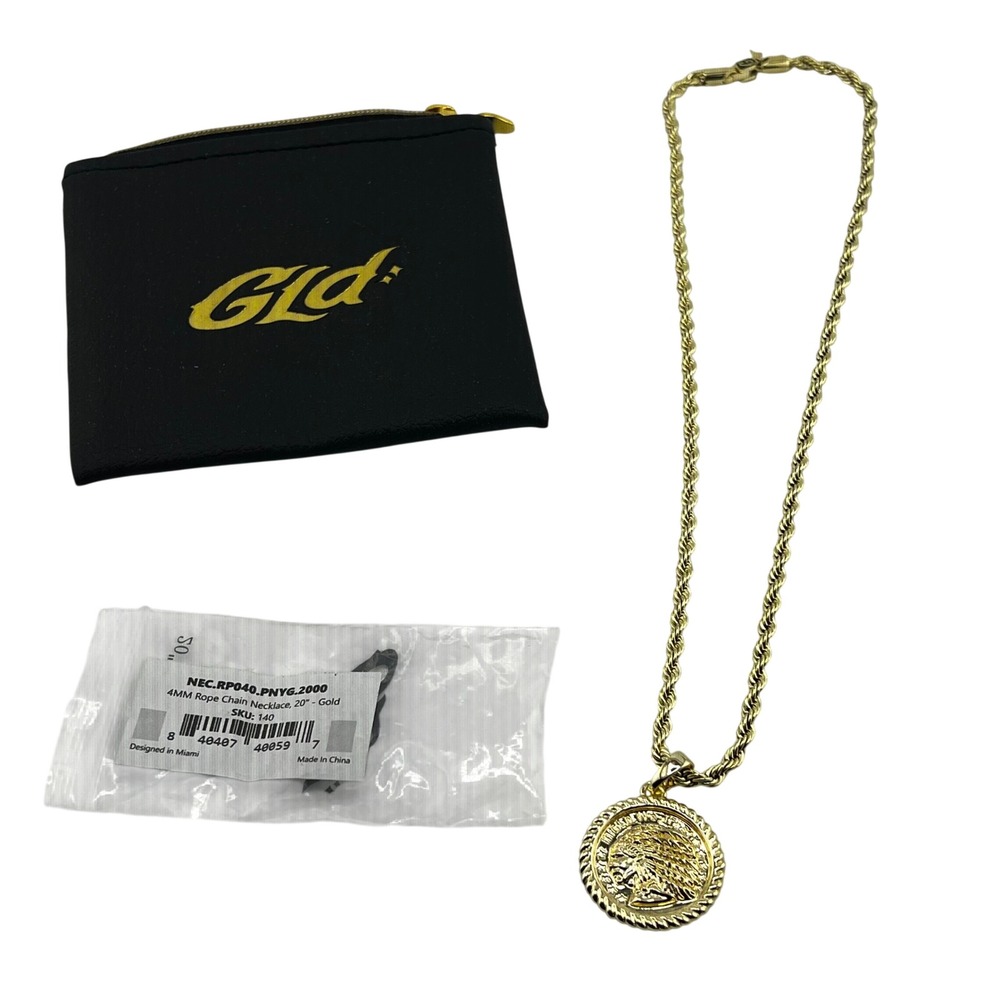 GLD 4MM Rope Chain Necklace 20 Inch‎ Gold Tone w/ Chief Coin Pendant Mens